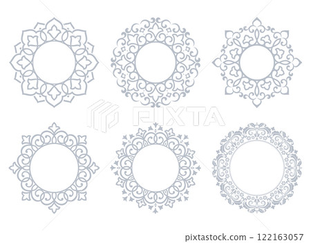 Set of decorative frames Elegant vector element for design in Eastern style, place for text. Floral gray and white borders. Lace illustration for invitations and greeting cards 122163057