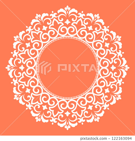 Decorative frame Elegant vector element for design in Eastern style, place for text. Floral pink and white border. Lace illustration for invitations and greeting cards 122163094