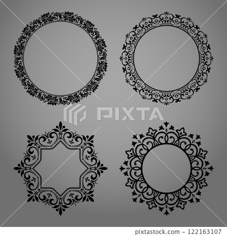 Set of decorative frames Elegant vector element for design in Eastern style, place for text. Floral black and gray borders. Lace illustration for invitations and greeting cards 122163107