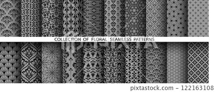 Geometric floral set of seamless patterns. Gray and black vector backgrounds. Damask graphic ornaments 122163108