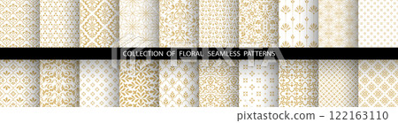 Geometric floral set of seamless patterns. White and golden vector backgrounds. Damask graphic ornaments 122163110