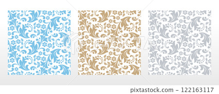 Wallpapers seamless vector backgrounds. Set of colored floral ornaments. Graphic patterns for fabric, wallpaper, packaging. Ornate Damask flower ornaments 122163117