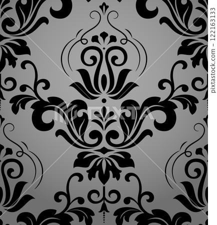 Floral pattern. Vintage wallpaper in the Baroque style. Seamless vector background. Gray and black ornament for fabric, wallpaper, packaging. Ornate Damask flower ornament Floral pattern. Vintage wallpaper in the Baroque style. Seamless vector background. Gray and black ornament for fabric, wallpaper, packaging. Ornate Damask flower ornament 122163133