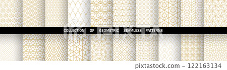 Geometric set of seamless golden and white patterns. Simple vector graphics Geometric set of seamless golden and white patterns. Simple vector graphics 122163134