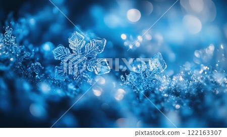 Layered Snowflake Shaped Bokeh Glowing in Cool Blues Layered Snowflake Shaped Bokeh Glowing in Cool Blues 122163307