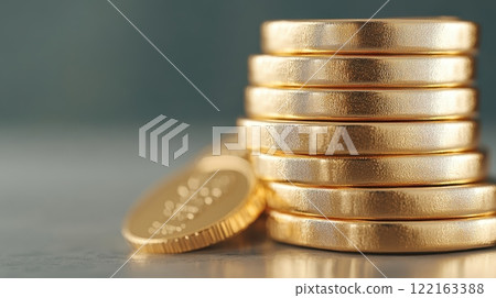Close up of Stacked Gold Bars and Coins Representing Wealth and Savings Close up of Stacked Gold Bars and Coins Representing Wealth and Savings 122163388