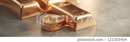 Gleaming Gold Bars and Coins Showcased on Sleek Surface Representing Wealth and Financial Success Gleaming Gold Bars and Coins Showcased on Sleek Surface Representing Wealth and Financial Success 122163404