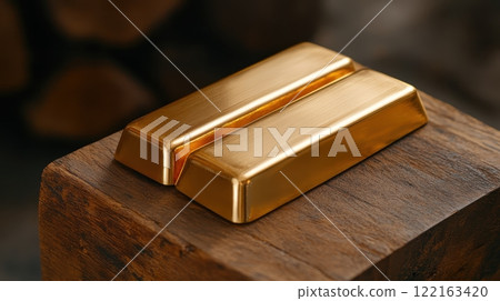 Polished Gold Bars on Wooden Block 122163420