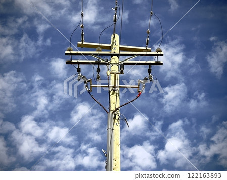 wooden pole with wires against blue sky wooden pole with wires against blue sky 122163893