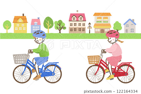 Children riding bicycles and cityscape Children riding bicycles and cityscape 122164334