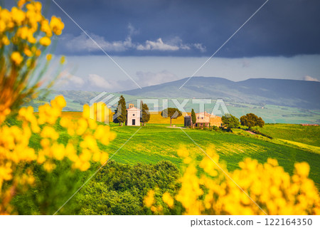 Val d'Orcia, Italy. Vitaleta Chapel (Cappella della Madonna di Vitaleta), San Quirico d'Orcia, Tuscany. Val d'Orcia, Italy. Vitaleta Chapel (Cappella della Madonna di Vitaleta), San Quirico d'Orcia, Tuscany. 122164350