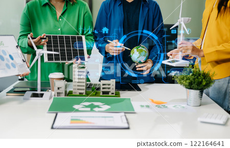 Business team working virtual modern smartphone to reduce CO2 emissions carbon footprint climate change 122164641