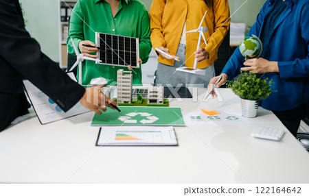 Business team working virtual modern smartphone to reduce CO2 emissions carbon footprint climate change 122164642