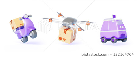 3d delivery service set with robot courier deliver food, drone carry parcel box, scooter with cardboard package. Modern logistic technology, express shipping order Cartoon render icon. 3D illustration 122164704