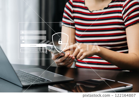 Cyber security concept, Login, User, identification information security and encryption, secure access to user's personal information woman using smart phone and tablet Cyber security concept, Login, User, identification information security and encryption, secure access to user's personal information woman using smart phone and tablet 122164807