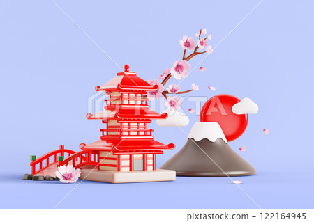 Japan travel 3d background with pagoda temple, mountain fujiyama and sakura render. Japanese spring landscape with red bridge, cherry blossom tree and flying pink petals in blue sky. 3D illustration Japan travel 3d background with pagoda temple, mountain fujiyama and sakura render. Japanese spring landscape with red bridge, cherry blossom tree and flying pink petals in blue sky. 3D illustration 122164945