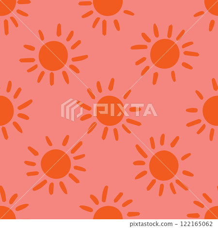 Seamless pattern featuring sun sunburst motifs on a vibrant red background. Perfect for textiles, wallpapers, packaging, digital art, invitations, stationery, home decor, gift wrap, crafts Seamless pattern featuring sun sunburst motifs on a vibrant red background. Perfect for textiles, wallpapers, packaging, digital art, invitations, stationery, home decor, gift wrap, crafts 122165062