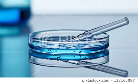 Blue solution in petri dish with pipette 122165097