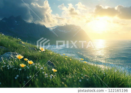 Green grassy shore with wild flowers close-up surrounded by ocean water. Cozy bay against cloudy sky. Wild nature. 122165196