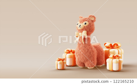 3d Llama, fluffy alpaca animal, cute Lama character, soft wool child toy with bow and gift box on light brown background. Holiday banner for Birthday, New Year and Christmas party. 3D illustration 122165210