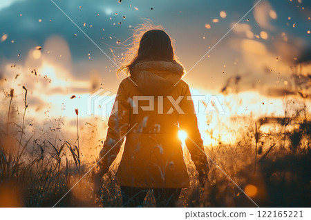 Rear view of a girl in a jacket standing in a field of dry grass at golden hour. Generated by artificial intelligence 122165221