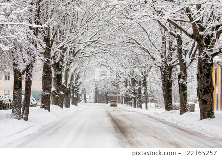 Street and avenue of trees covered with white snow, beatiful winter day 122165257