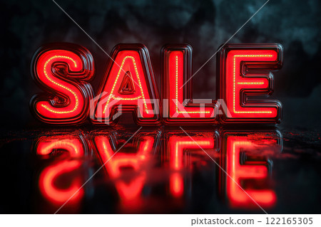 Red inscription Sale on a black mirror surface. The concept of discounts and sales. 122165305