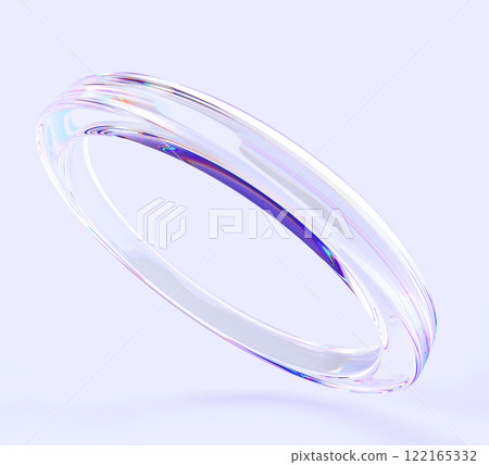 3d abstract glass liquid holographic transparent circle ring render background. Iridescent fluid circular shape, glossy crystal torus object with dispersion light, hologram gradient. 3D illustration 122165332