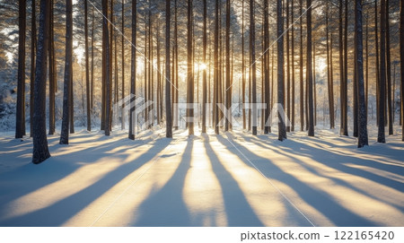 A serene winter landscape featuring tall trees against a backdrop of sunlight. Shadows stretch across the snowy ground creating a tranquil atmosphere. Generative AI 122165420