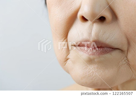 An elderly woman suffering from wrinkles, sagging skin, and age spots (ptosis, under-eye bags, cosmetic surgery, rejuvenation) 122165507