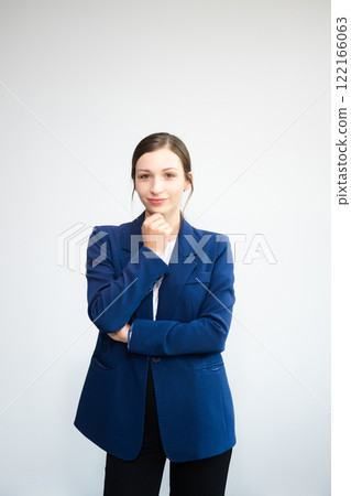 Young fun successful employee businesswoman corporate wear work in office area mock up isolated on plain white background 122166063