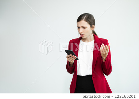 Image of sad office girl, Caucasian woman sulking and frowning disappointed, standing upset white background. 122166201