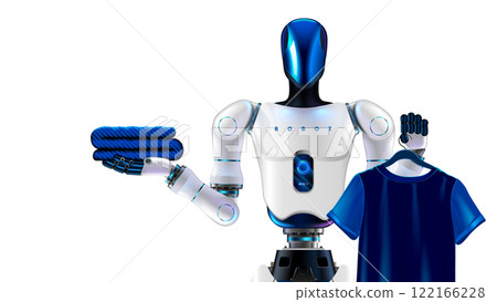 A humanoid robot with artificial intelligence or AI. A humanoid servant robot stacks laundry and hangs a T-shirt on a hanger. An anthropomorphic AI robot does housework holding clothes in his hands. A humanoid robot with artificial intelligence or AI. A humanoid servant robot stacks laundry and hangs a T-shirt on a hanger. An anthropomorphic AI robot does housework holding clothes in his hands. 122166228