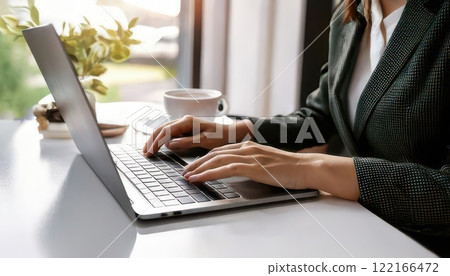 AI image: Working in a cafe - Hands operating a PC 122166472