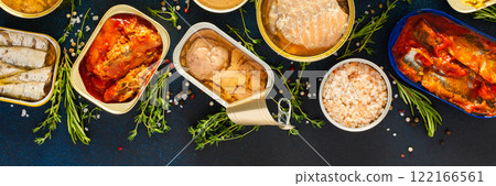 A top view of open tin cans with canned salmon, mackerel, sprat, sardine, tuna, herring, and fish pate, surrounded by spices and herbs on a blue background, banner A top view of open tin cans with canned salmon, mackerel, sprat, sardine, tuna, herring, and fish pate, surrounded by spices and herbs on a blue background, banner 122166561