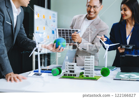 Business team working virtual modern smartphone to reduce CO2 emissions carbon footprint climate change to limit global warming. 122166827