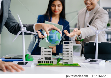 business team people planning and discussing on recycle reduce reuse policy symbol in office meeting room. Green business company 122166842