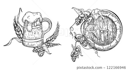 Set of beer objects: wooden beer mug and barrel, wheat ears and hops on vine black white vector illustrations isolated. Tankard with foam beer and plants hand drawn for label, packaging, craft brewery 122166946