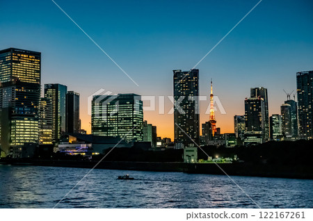 Evening view of buildings in Chuo Ward from the Sumida River Evening view of buildings in Chuo Ward from the Sumida River 122167261