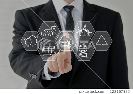 Businessman pressing a button for carbon dioxide reduction 122167523
