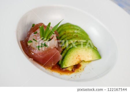 FISH CEVICHE RECIPE, SEA BREAM AND TUNA, AVOCADO, BELL PEPPER, CHILLI, CHIVES, LEMON, OLIVE OIL FISH CEVICHE RECIPE, SEA BREAM AND TUNA, AVOCADO, BELL PEPPER, CHILLI, CHIVES, LEMON, OLIVE OIL 122167544