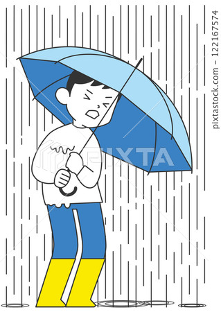 一個人在大雨中撐著雨傘，穿著雨鞋 122167574