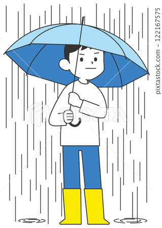 A man wearing rain boots and holding an umbrella in heavy rain 122167575