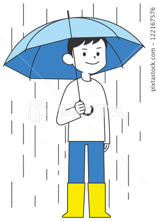 A man wearing rain boots and holding an umbrella in the rain 122167576