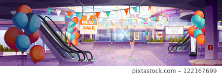 Mall entrance hall decorated with balloons 122167699