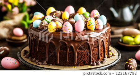 Chocolate Easter cake and Easter eggs colored in purple, blue and yellow. Chocolate Easter cake and Easter eggs colored in purple, blue and yellow. 122167788
