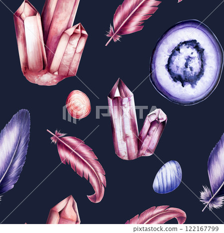 Seamless pattern with gemstone Agate, diamond and amethyst slice crystal and feather. Hand drawn watercolor illustrations. Minerals isolated on background. Clip art for designers, cards, invitations 122167799