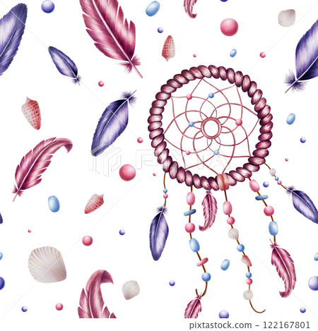 Seamless pattern with ethnic handmade woven willow hoop for a dreamcatcher, beads on a rope beads on a rope with feathers, shells watercolor illustration. Hand painted cradle protector isolated on 122167801