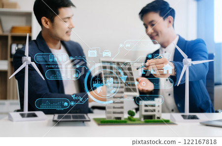 Business team working virtual modern smartphone to reduce CO2 emissions carbon footprint climate change to limit global warming.Sustainable development and green business concept. Business team working virtual modern smartphone to reduce CO2 emissions carbon footprint climate change to limit global warming.Sustainable development and green business concept. 122167818