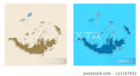 Greek country flag installed on geographic positioning map point of country territory. Greece commonwealth banner on land and sea. Festive patriotic HD format template for independence day 122167832